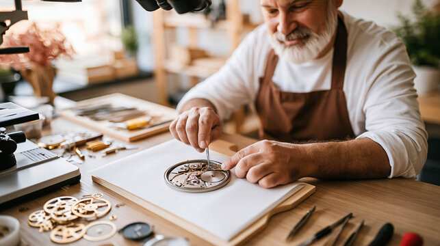 Smiling Craftsman Restoring Clock Movement In Bright Workshop