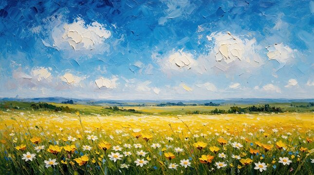 Colorful oil painting of summer meadow with yellow flowers, white daisies. Bright blue sky with white clouds over green hills, farm field. Scenic nature landscape art with thick brushstrokes, impasto