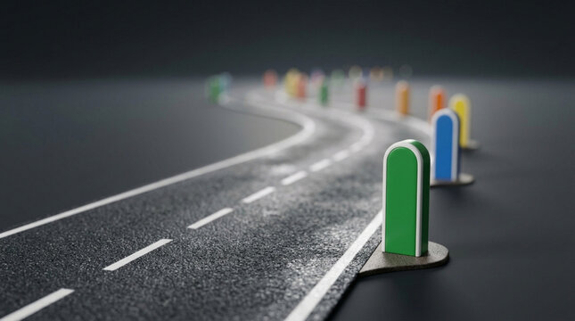 Colorful Milestone Markers on Winding Asphalt Road