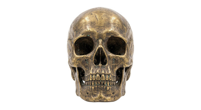 Detailed bronze human skull sculpture isolated on a clean white background for artistic display