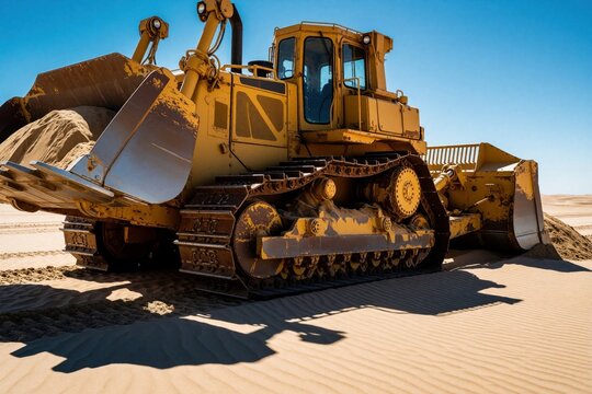 Yellow bulldozer moves sand across desert dune. Heavy construction equipment works on sandy terrain under blue sky. Powerful machine prepares ground for building or mining operations.