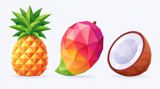 Low Poly Pineapple Mango And Coconut Half