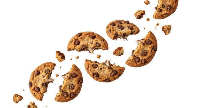 Broken chocolate chip cookies and crumbs falling, isolated on transparent background