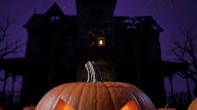 Spooky Haunted House Mansion with Glowing Jack O Lanterns and Foggy Halloween Atmosphere