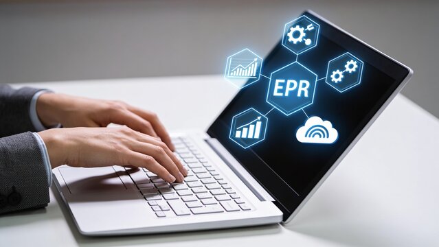 Working on a laptop with digital elements related to EPR and data analysis