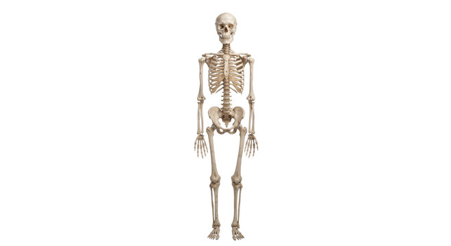 Full human skeleton model standing in an upright position against a clean white background