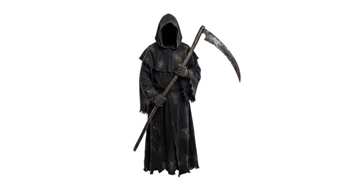 Grim reaper figure in a tattered black hooded robe holding a large metal scythe on white background