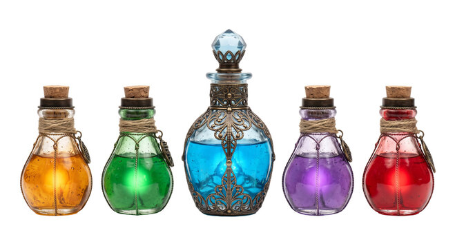 Collection of five colorful glass potion bottles with ornate metal details on white background