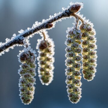Frosted hazel catkins hang from a bare branch in soft morning light. Tiny ice crystals cover the delicate green dangling flowers, forming a beautiful winter nature detail.