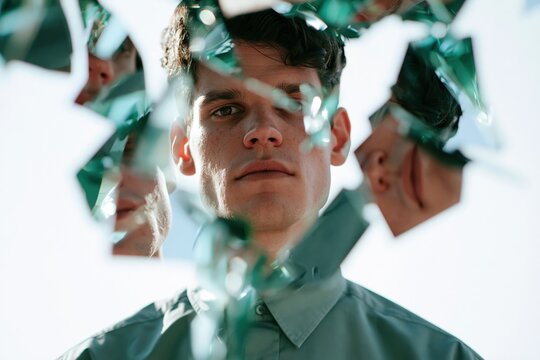 Portrait of a man surrounded by broken mirror pieces producing tripled reflections for background and contemporary surreal minimalism