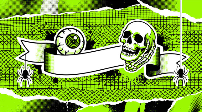 Grunge Halloween banner with skull and eyeball, neon green punk aesthetic background, spooky street art vector with spiders and torn paper