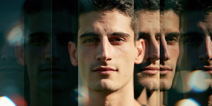 Young man portrait with repeated prism reflections and layered multiple exposures for creative background