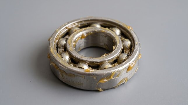 Metal ball bearing covered in thick yellow grease lies on a grey surface.
