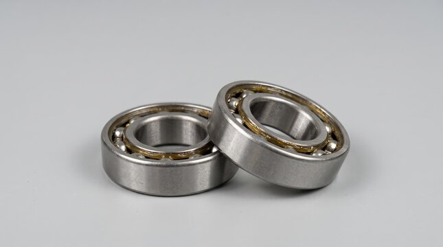 Close-up of two steel ball bearings with light grease highlighting industrial machinery maintenance.