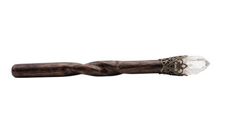 Handcrafted wooden magic wand with a clear quartz crystal point and ornate metal filigree cap © Sapphire