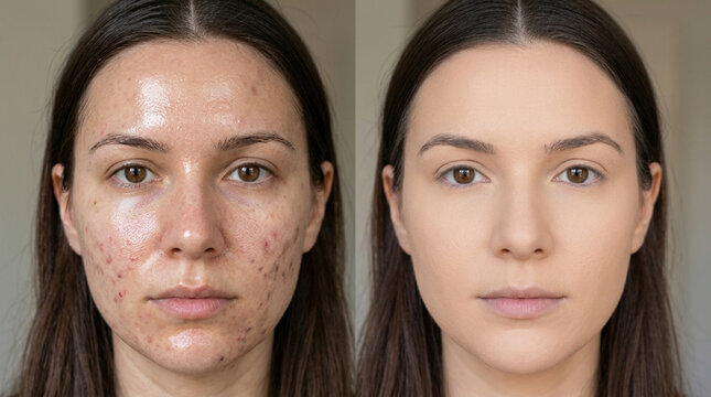 Woman's face comparison: before and after makeup application for acne coverage.