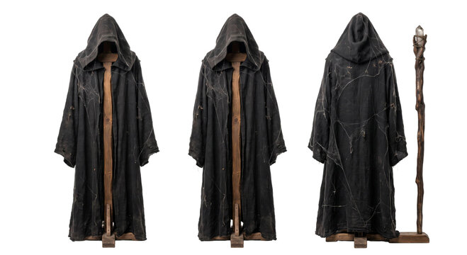Black hooded cloak with cobwebs and a wooden staff displayed on a stand against white background