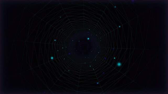 Futuristic Digital Cyber Tunnel Animation with Geometric Wireframe Mesh and Glowing Particles for Technology Background