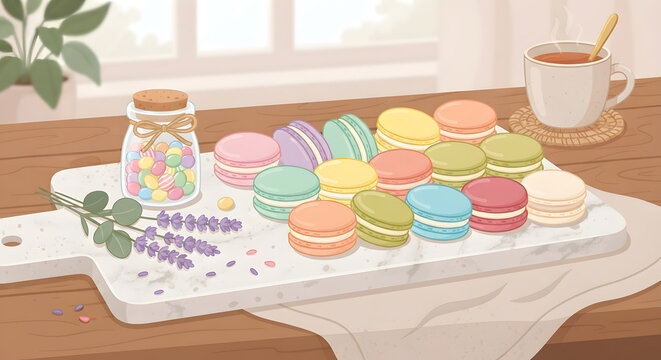 Colorful French Macarons on a Marble Board