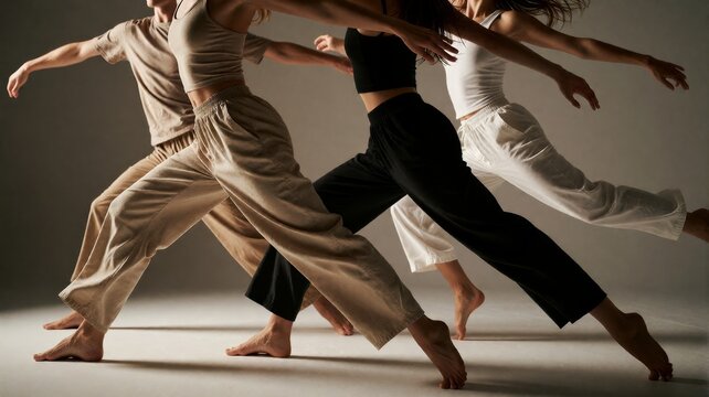 Contemporary Dancers Moving in Synchrony on Studio Floor