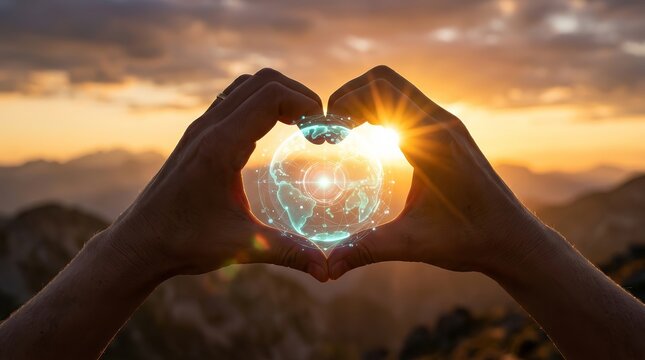 Global connection and innovation concept showing hands in a heart shape around a digital globe.