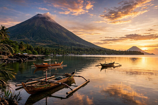 Traditional outrigger fishing boats on calm volcanic lake with Gamalama volcano mountain at golden sunset in Ternate Maluku Indonesia