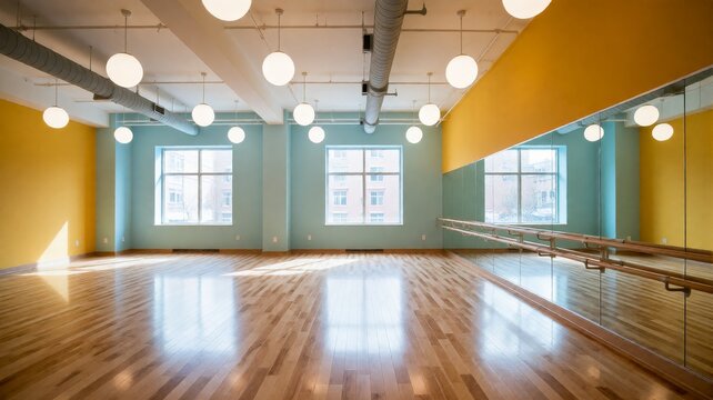 Empty dance studio with reflective mirrors and exposed ceiling lights