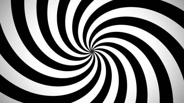 Hypnotic spiral background with black and white rotating rays, psychedelic optical illusion motion graphic, monochrome swirling vortex loop