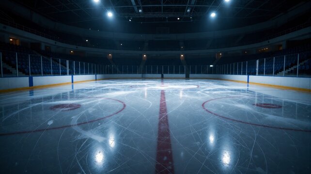 Empty Ice Hockey Arena with Bright Overhead Lighting and Scraped Rink