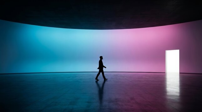 Large minimalist futuristic hall with a person walking through soft glow and wide copy space for technology branding.