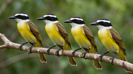 Obraz premium Four Great Kiskedees Perched Together on a Branch