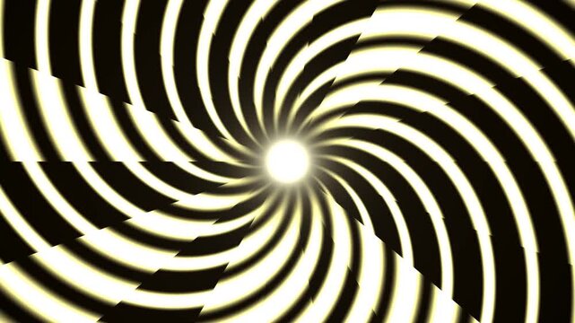Hypnotic spiral motion background, black and white optical illusion tunnel, psychedelic spinning vortex with central light glow