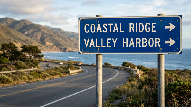 Coastal road sign pointing to destinations with ocean and mountains backdrop