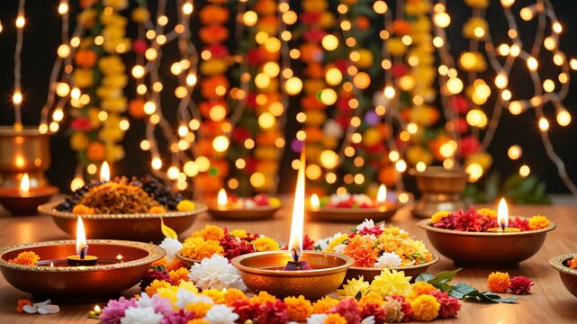 Beautiful arrangement of lit oil lamps and vibrant flowers on a wooden surface, celebrating Diwali festival with warm lights and festive decorations in the background.