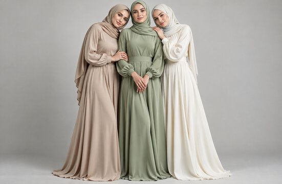 Elegant group of three women wearing modest long maxi dresses and matching hijabs in neutral tones of beige, sage green, and white stock photo   