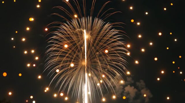 Spectacular fireworks display illuminates the dark night sky with vibrant colors and sparkling lights, capturing the excitement and celebration in a beautiful festive atmosphere.
