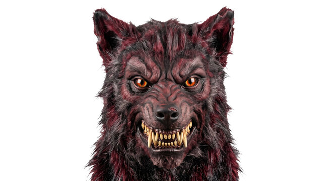 Fierce werewolf mask with detailed fur texture and glowing orange eyes on white background