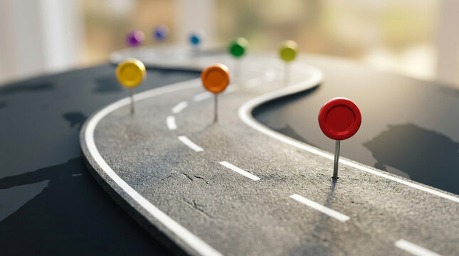 Colorful journey markers on winding road, business strategy concept