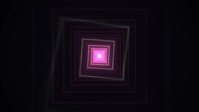 Neon pink geometric tunnel loop, glowing square portal animation, futuristic abstract light trail background for music video and stage visuals