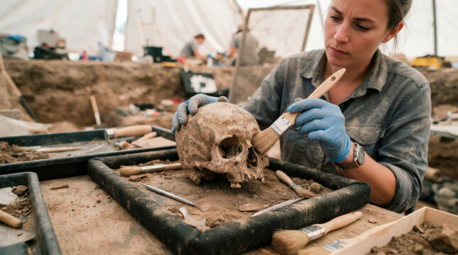 Archaeological excavation with archaeologist studying ancient skull in field. Excavation involves careful cleaning and analysis of skull, utilizing specialized tools to uncover historical artifacts.