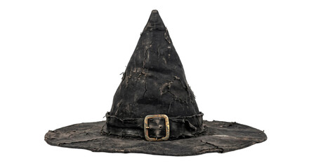 A weathered black witch hat with a rustic metal buckle isolated on a clean white background © Sapphire