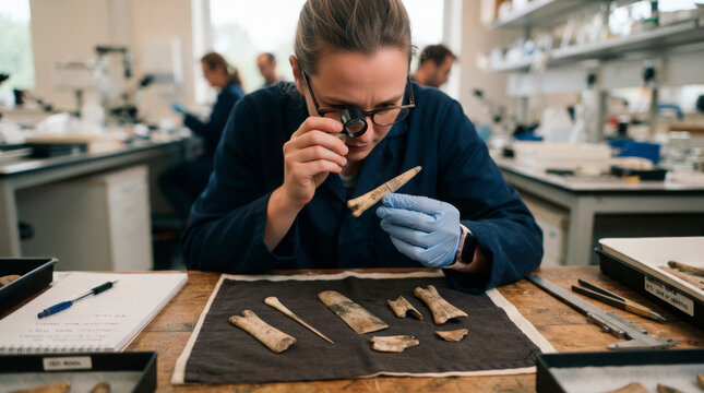 Researcher examining ancient artifacts in laboratory with magnifying glass, focusing on wood pieces and tools. The researcher is meticulously analyzing historical objects for study and preservation.