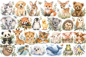 Fototapeta premium Cute Baby Animals Watercolor Clipart Set With Woodland Safari and Farm Animals
