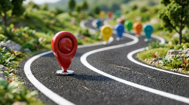 Colorful map pins on winding road through scenic landscape, travel destination concept