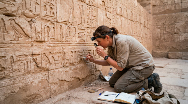 Archaeologist examining ancient carvings on stone wall with tools in archaeological site. The archaeologist studies inscriptions while documenting findings in notebook.