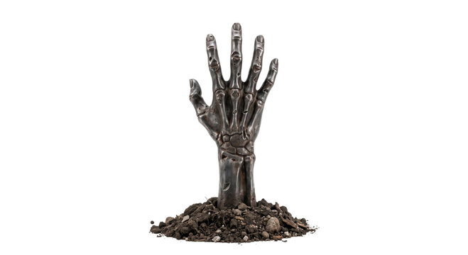 Metallic skeleton hand emerging from a pile of dark soil isolated on a white background