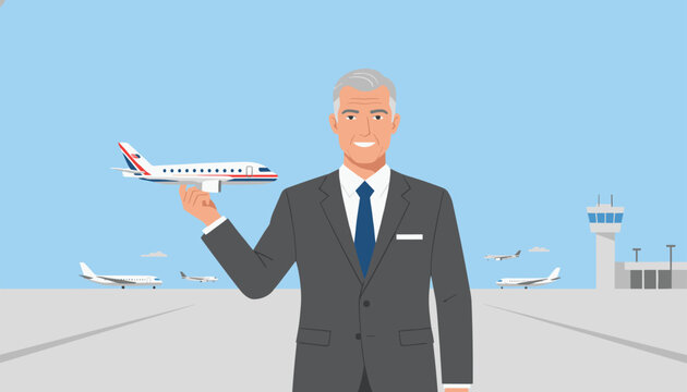 Professional senior businessman holding small model airplane at airport terminal runway with aircrafts parked in the background tarmac.