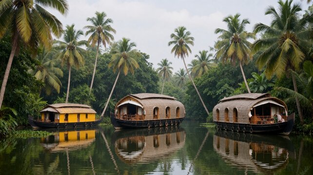 Kerala Backwaters Houseboats Floating on a Tranquil Canal in India