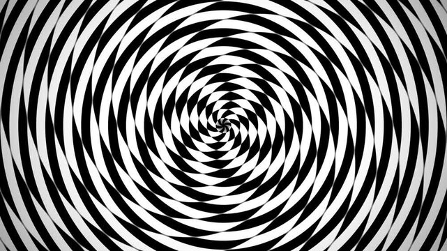 Hypnotic spiral motion background, monochrome optical illusion with rotating black and white circles, psychedelic concentric pattern for VJ loops