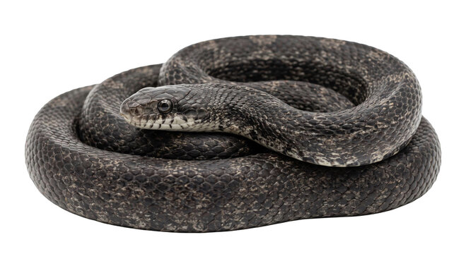 A coiled black rat snake isolated on a white background showing detailed dark textured scales